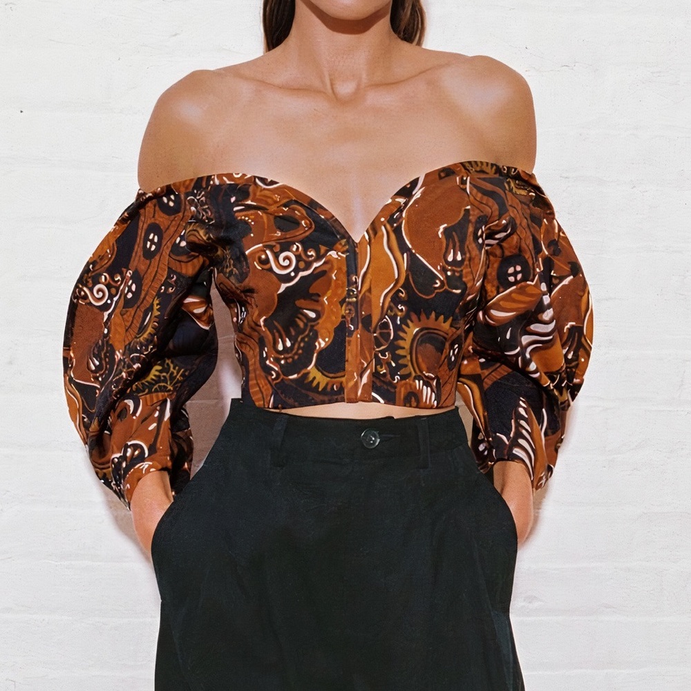 Mara Hoffman Brown Printed Off-Shoulder Puff Sleeve Crop Top